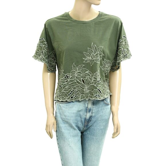 By Anthropologie Boxy Cutwork Tee Blouse Top Floral Embroidered Cotton S 280424 - Picture 5 of 9